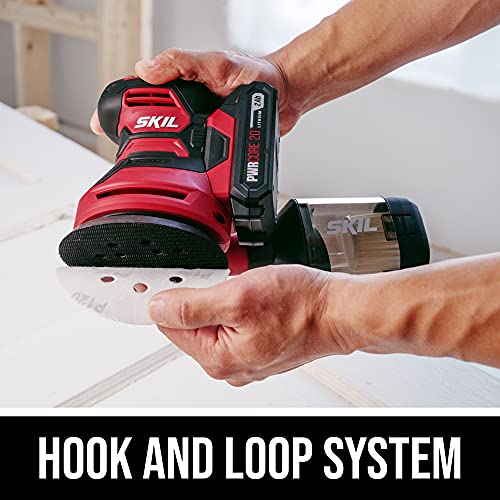 SKIL PWRCore 20 20V Brushed 5" Random Orbital Sander, Variable Speed, Includes 3pc Sandpaper, Dust Box, 2.0Ah Battery and Charger - SR6604B-10 - style: 20V Sander Kit