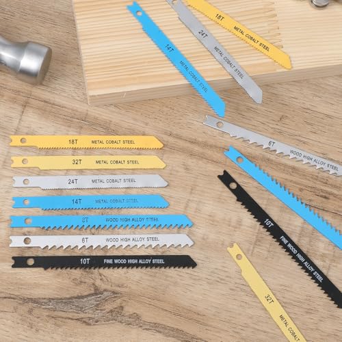 14 PCS U-Shank Jig Saw Blade Set, Jigsaw Blades for Wood Plastic Metal Cutting Fit Vast Majority U Shank Jigsaws Jigsaw Blades Set Includes 6T 8T 10T 14T 18T 24T 32T