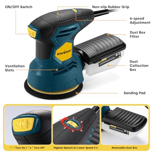 Enventor Orbital Sander with 6 Speeds, Dust Collection, 5 in, 2.5A Corded - size: 2.5A