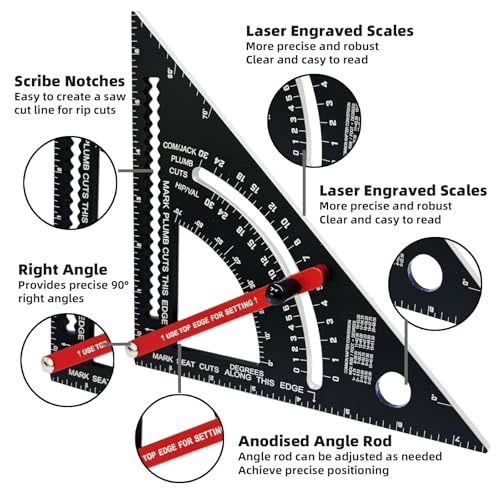 Carpenter Square 7 inch,Adjustable Rafter Framing Square Tools,T Square Multi-Purpose Aluminum Alloy Triangle Carpenter Square for Woodworking and Carpentry | Drill Gauge, Protractor, Ruler ﻿ - color: Black