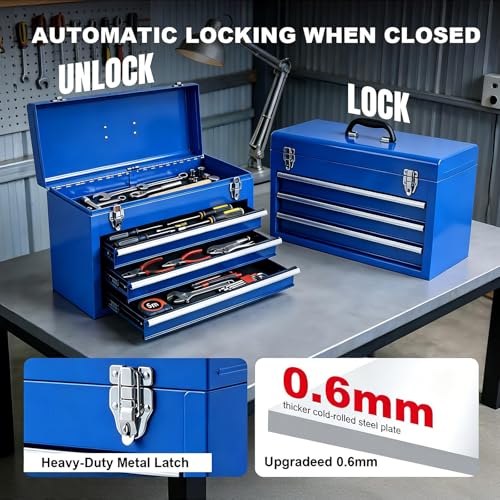 BIG RED ANTBD133-XU Torin 20" Portable Metal Tool Box/Tool Chest with 3 Drawers with Metal Latch Closure for Garage, Home and Workbench,Blue
