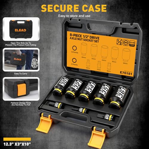 12-Point 1/2" Drive Axle Nut Socket Set, 8-Piece Metric Wheel Axle Nut Wrench Large Jumbo 30mm 32mm 34mm 35mm 36mm, Hex Bit Socket 14mm 17mm 19mm, Car Spindle Joint High Torque Truck Bearing Locknut - style: Metric 12-Point