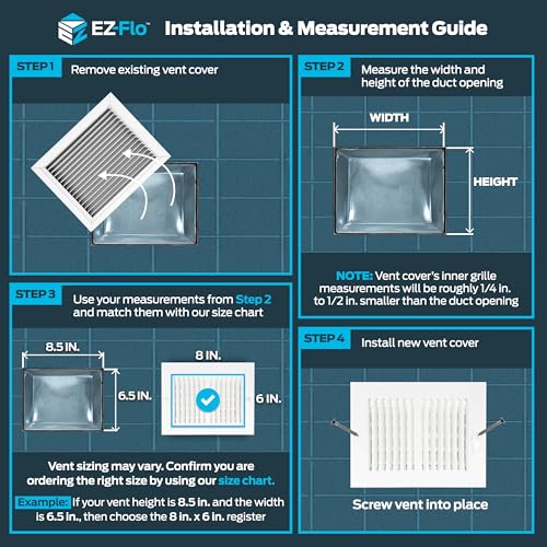 EZ-FLO 8 x 6 Inch (Duct Opening) Air Vent Cover for Wall or Ceiling, Two-Way Ventilation Register, Solid Steel HVAC Register Cover, White, 61661 - size: 8 in. x 6 in.