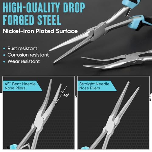SHALL 7" Long Reach Needle Nose Pliers Set, 2PC Extra Long Nose & Bent Nose Pliers with Comfort Grip Handles, Non-Serrated Mini Pliers for Bending Wire, Jewelry Making, Crafts, Home Repair - size: 2PCS 7"