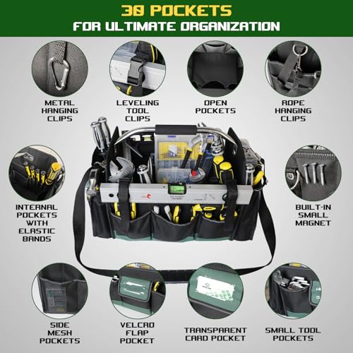 18 Inch Open Top Tool Bag, Tool Bags for Men with 30 Pockets, 1680D Waterproof Fabric, Foldable Electrician Tool Bag with Rotating Handle, Reflective Tool Organizer for Men, Green - color: Black-Green