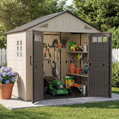 Aoxun 8x6 Ft Outdoor Storage Shed with Floor, Large Resin Outdoor Shed with Lockable Door & Windows, Garden HDPE Sheds for Lawn Tools, Pool Supplies & Bikes - size: 8x6