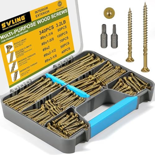 340Pcs Multi-Purpose Wood Deck Screw Kit,#8#9 Bugle Head for Interior and Exterior Use,Star Drive Torx Golden Coated with T15/T25 Bit - size: #8#9 Kit