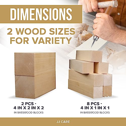 JJ CARE Wood Carving Kit, 24pcs Wood Whittling Kit with 12 SK2 Steel Carving Knives, 10 Basswood Blocks, 1 Grinding Stone & Storage Case, Gift Set for Beginners & Adults - size: Set A