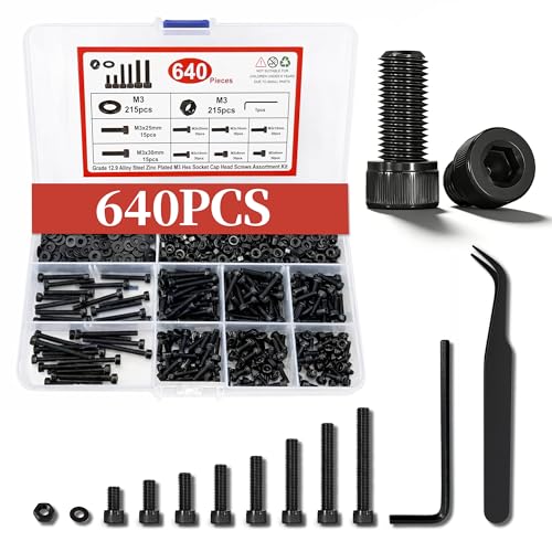 640PCS M3 Screws Assortment kit, M3x30mm Black Metric Screw Assortment Set with Bolts and Nuts, 12.9 Alloy Steel Hex Socket Cap Head Screw for 3D Printer and RC - size: M3 640 PCS