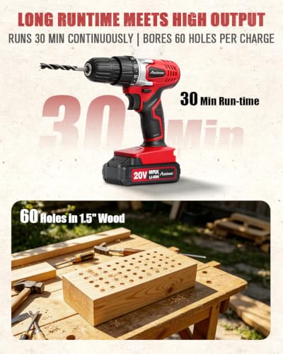 AVID POWER 20V Cordless Drill Set for Home DIY & Beginner Projects - Lightweight Power Drill with Battery Charger & 22 Bits, Variable Speed, 3/8" Keyless Chuck, Ideal for Furniture Assembly (Red) - color: 1-red