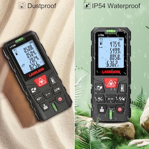 LT100 Laser Measure, 328ft/100m Laser Measurement Tool, with 2 Bubble Levels, Measuring Tool 4 Units Conversion、LCD Backlit Display, IP54 Waterproof, Pythagorean Mode for Distance, Area, Volume - size: 328ft
