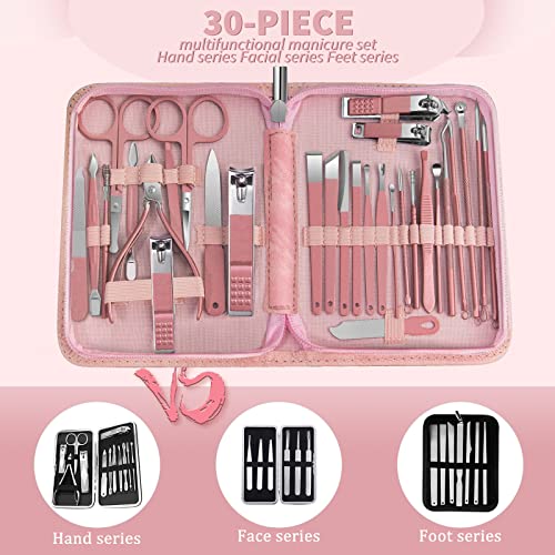 Women Manicure kit Professional sat Nail Set kit Pedicure Kit 30 in 1 Nail Clippers for Women Grooming Nail Care kit with Luxurious Travel Case Pink - color: 30 in 1 Pink
