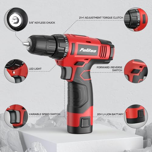 PULITUO 149-Piece Home Drill Set with Red 12V Cordless Drill, Hand Tools & Tool Box, Tool Kit for Women & Men and DIY Enthusiasts, for Home Improvement - style: 12V Set(Red)