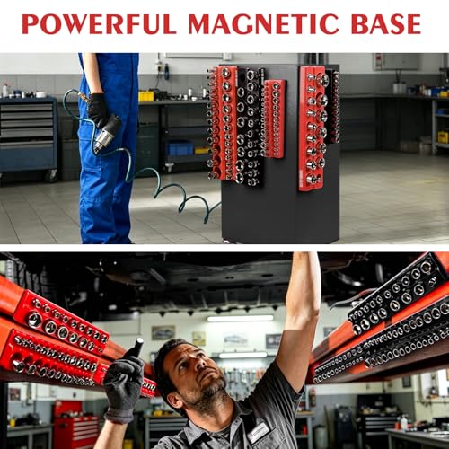 GUTIMORE Magnetic Socket Organizer Set, 6PCS Socket Holder,1/4", 3/8", 1/2" Metric & SAE Magnetic Socket Tools Trays,Holds 143pcs Sockets For Tool Box Drawer (Socket not Included)