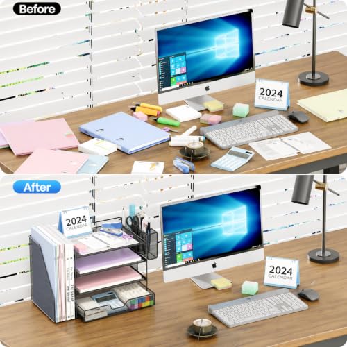 OPNICE Desk Organizers and Accessories, 4-Tier Desktop File Organizer with Drawer and Pen Holders, Office Desk Accessories Workspace Organizers for Office Supplies (Soft Black) - color: Soft Black, size: 4T