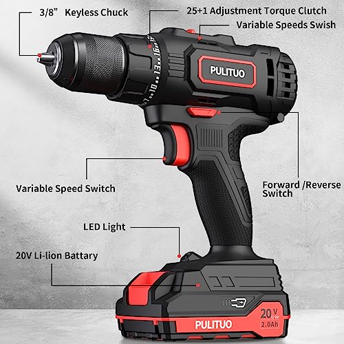 PULITUO Cordless Drill Set, 20V/2.0Ah Electric Power Drill, Torque 45N.m, 25+1 Torque Setting,1/2” Keyless Chuck, 2 Variable Speed Setting, with 43 PCS Bits, Storage Bag - style: ‎20v Drill Pro（Red）