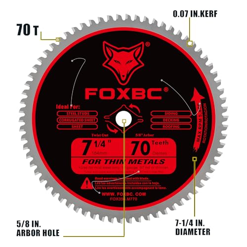 FOXBC 7-1/4 inch Circular Saw Blade Metal and Stainless Steel Cutting 70 Teeth