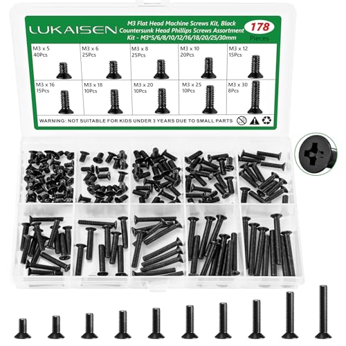 178 Pcs Black M3 Flat Head Machine Screws Kit for Laptop & RC | M3 x 5/6/8/10/12/16/18/20/25/30mm, Carbon Steel Black Metric Screws, for 3D Printer & Wall Socket Outlets, Storage Box - size: 178Pcs M3*5/6/8/10/12/16/18/20/25/30mm-Flat