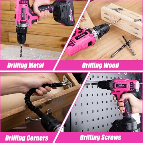 20V Pink Cordless Drill Set - Power Drill/Driver Kit with Drill Brush