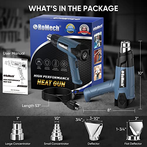 ROMECH 1500W Heavy Duty Heat Gun, Variable Temperature Control Hot Air Gun Kit with 2 Air Flow 120°F~1200°F and 4 Nozzles for Crafts Shrink Wrap (Blue) - color: Blue