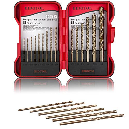 HIDOTOL Cobalt Drill Bit Set 15 PCS + 6PCS Free - M35 High Speed Steel Twist Jobber Length Drill Bits for Hardened Metal, Stainless Steel, Cast Iron, Plastic and Wood, 1/16"-3/8" - size: Cobalt 15 PCS