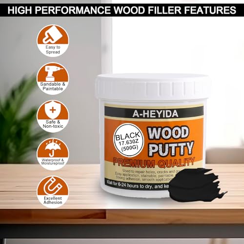 Black Wood Filler Putty Repair Kit - 17.63 Ounce, Paintable, Sandable, Restore Wood Cracks and Holes on Furniture, Hardwood Floor, Door, Cabinet - color: Black, size: 17.63Ounce