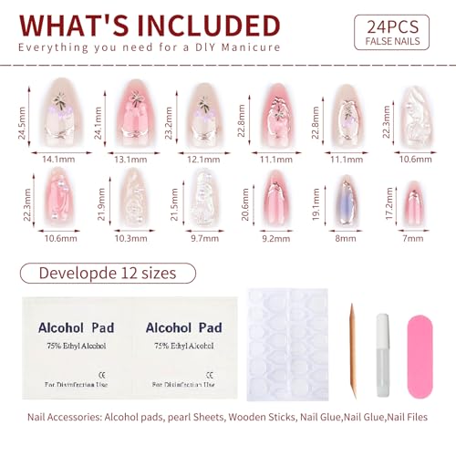 3D Flower Press On Nails Almond Shape – Medium Length Glossy Nude Pink Fake Nails with Pearls & Gold Details, Acrylic Reusable Stick On Nails for Women, Elegant Floral False Nails for Wedding Party - color: 2-Dreamy Flower Shadow
