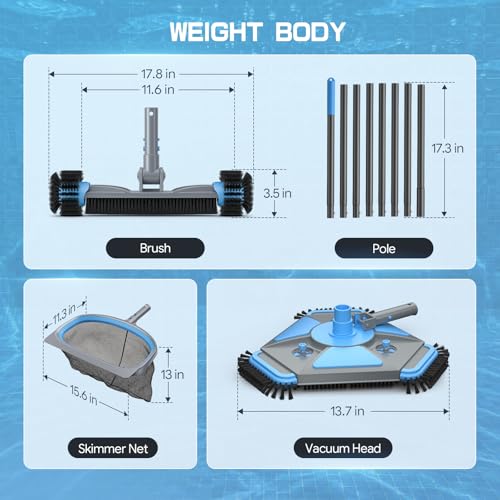 UIRWAY 4-in-1 Deluxe Swimming Pool Cleaning Kit - Includes Upgrade Triangular Pool Vacuum Head, Detachable Brush, Deep Leaf Skimmer Net, Adjustable Aluminum Pole Inground & Above Ground Pools - size: 13.7" Vacuum Head