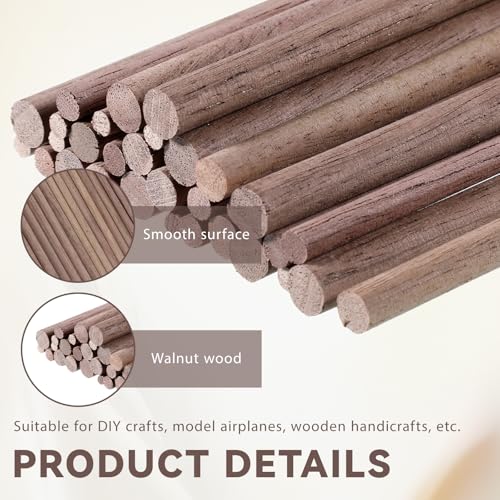 32 Pcs Walnut Dowel Rods 4 Size Unfinished Round Hardwood Sticks 6 Inch Long Dowel Rods 3/4/5/6mm Wood Sticks for Building Model Macrame DIY Craft - Coconut Brown