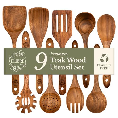 ELIBRE 9-Piece Teak Wood Kitchen Utensil Set, Heat-Resistant, Food Grade