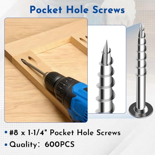 600PCS #8 x 1-1/4" Pocket Hole Screws,Interior Coarse Thread Square Drive Washer Head,Zinc Plated,with 150mm and 75mm Drive Bit - color: White, size: #8x1-1/4"