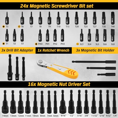 ELEAD 47-Piece Magnetic Nut Driver & Screwdriver Bit Set - Strong Magnetic Nut Drivers for Impact Drill, Power Nuts Driver, Mini Ratcheting Wrench, Drill Bits Extension & Socket Adapter - style: 47-Piece Nut Driver Set