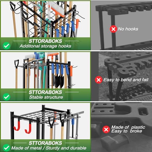 Sttoraboks Garden Tool Organizer Rack Up to 50 Tools, Heavy-Duty Steel Yard Tool Organizer for Garage Storage with 11 Hooks, Broom Holder & Garden Tool Rack for Shed, Patio, Outdoor Use, Black - style: Rack with hooks