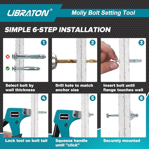 LIBRATON Molly Bolts for Drywall & Plaster Wall (0.12"-1.52"), 30PCS 6 Size | 6 Sizes with Setting Tool, Heavy Duty Hollow Wall Metal Anchors Screws Kit, Holds Up to 65lbs, for TV, Shelf, Mirror
