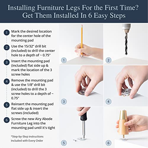 Airy Abode Premium Ash Wood Furniture Legs with Gold Caps (Full Install Kit) - Pick Your Size and Color - color: Ash / Gold, size: 4 Inches