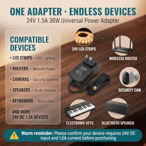 24V 1.5A Power Supply Cord 36W AC DC Adapter,100V-240V AC to DC with 5.5mm * 2.1mm Plug, Suitable for LED Light Strips, Safety Closed-Circuit Monitoring, Routers.