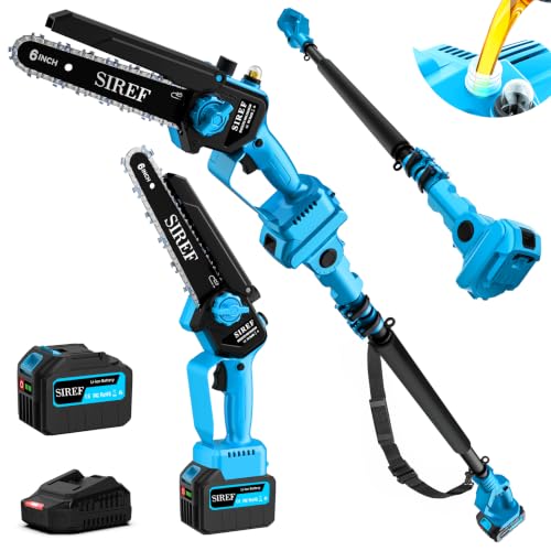 Electric Pole Saw 6inch Mini Chainsaw Cordless Brushless 6.0Ah Batteries Fast Charger Telescopic Power Pole Saw Tree Trimmer Limb Branch Cutter Pruner 16 Ft Max Reach Multi-Angle Blue - color: Blue-1 Battery