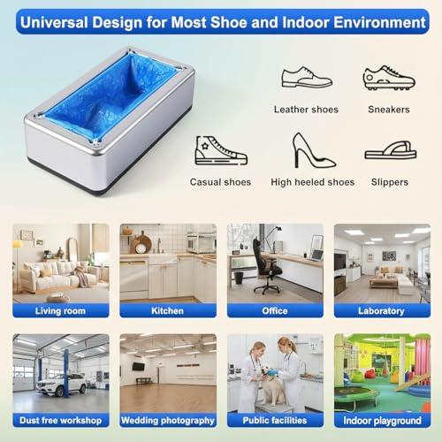 Shoe Covers Dispenser with 100pcs Shoe Cover Disposable Non Slip, Reliable and User-Friendly Shoe Cover Machine, Automatic Shoe Cover Dispenser for Office, Factory & Home - color: Silver