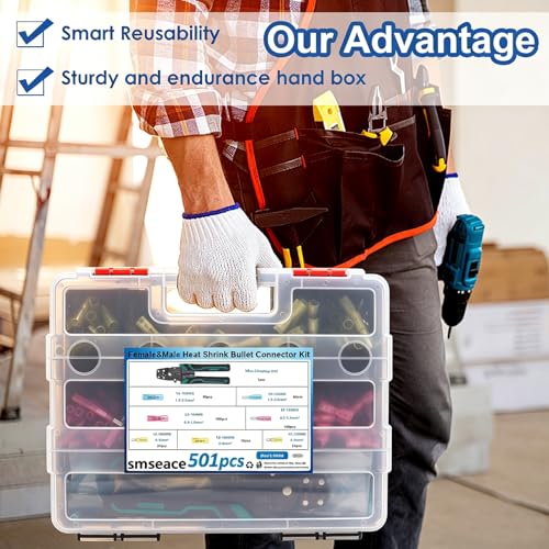 smseace 501PCS Heat Shrink Bullet Connectors with Crimping Tool 22-10AWG Waterproof Bullet connectors Heat Shrink Female&Male Connector for Automotive Boat Stereo Industrial Equipment - size: 501Pcs