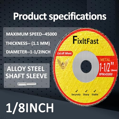 FIXLTFAST 1-1/2 Cut Off Wheels,1.5" x 1/8" Fiberglass Reinforced Metal Cutting disc for Rotary Tool Accessories Include Mandrels - 11 Pack - size: 1 1/2