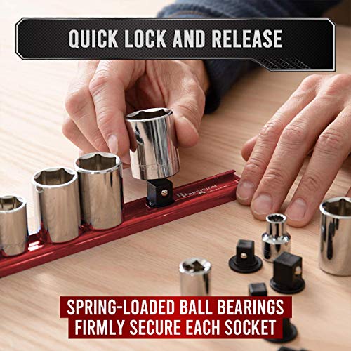 Precision Defined Aluminum Tool Socket Holder 3-Piece Set | Red, 1/4-Inch x 16 Clips, 3/8-Inch x 16 Clips, 1/2-Inch x 14 Clips | 360 Rotation - Heavy Duty Socket Rails Organizer, Socket Storage - color: Red