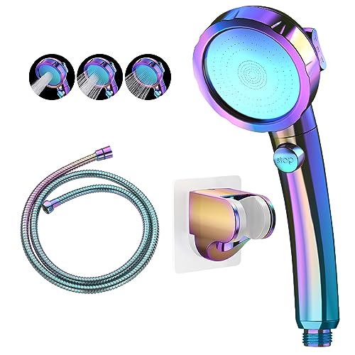 KAIYING Drill-Free High Pressure Handheld Shower Head with ON/OFF Switch, 3 Spray Modes - Polished Finish, Shower Head (Radiant Rainbow) + Bracket + Hose - color: Radiant Rainbow