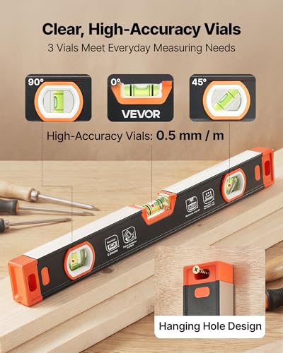 VEVOR Torpedo Level, 3-Piece Included 9/16/24 in, Magnetic Leveler Tool Set Aluminum Alloy, with Clear 3 Green Vials, V-Groove, Hanging Hole, Multi-angle Measurement for Construction Home Renovation - size: 9/16/24 inch set