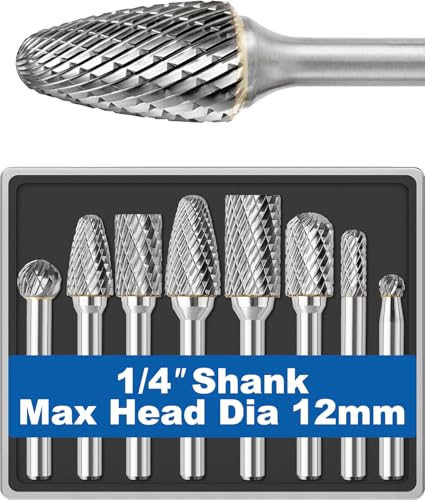 Sworker 8Pcs Carbide Burr Set 1/4 Shank w/Clear Box Max Head Dia 12mm Die Grinder Bits Rotary Tools Attachment Kit Rasp Accessories Metal Wood Stone Steel Grinding Deburring Cutting Porting Carving
