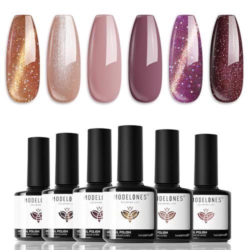 modelones Fall Gel Nail Polish Set 6 Colors, Nude Brown Burgundy - color: A Nude Brown