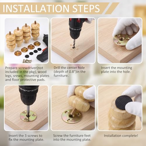 4 Inch Wood Furniture Legs Set of 4 Rubber Wood Couch Legs Round Furniture Replacement Mid Century Bun Feet for Desk Dresser Sofa Cabinet Ottoman Chair and Bed - color: Natural, size: 4 Inch