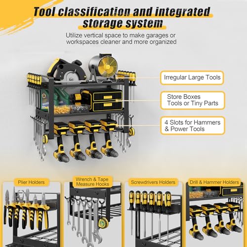 Power Tool Organizer Wall Mount, 150LBS Capacity, 3 Tier, 4 Drill Holders - size: 16.5" Width 3-Tier