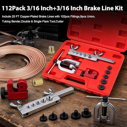 smseace 3/16 Inch+3/16 Inch Brake Line Flaring Tool Kit Include 25 FT Copper-Plated Brake Line Kit with 94pcs Fittings,8pcs Union,Tubing Bender,Double & Single Flare Tool,Cutter - color: Gold-B, size: 3/16inch+3/16inch