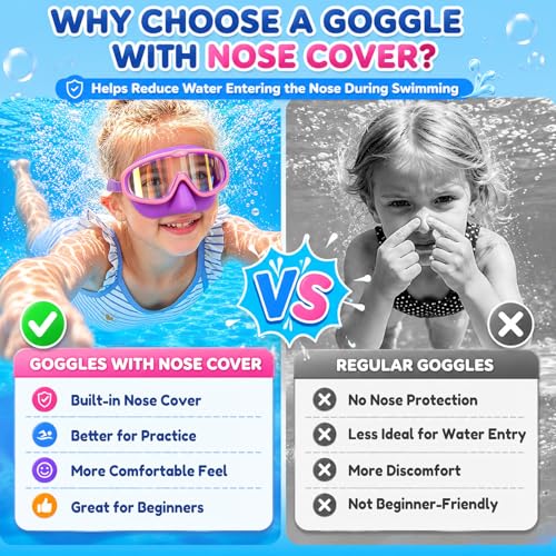 Seago Kids Swim Goggles with Nose Cover 2 Pack for 3-14 Anti-Fog Clear View - color: Blue & Purple