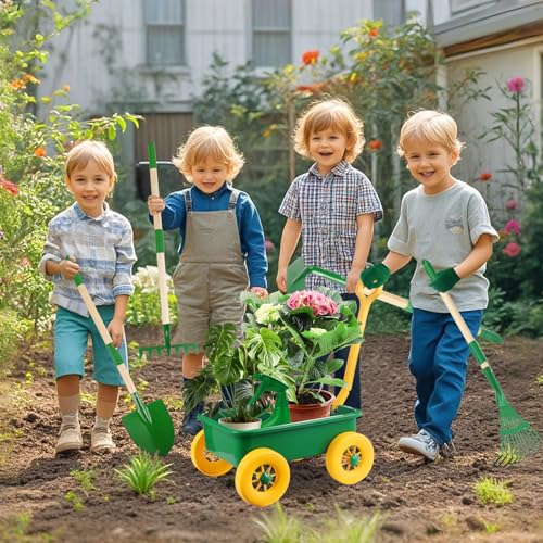 Kids Garden Set with Wheelbarrow, Real Metal Garden Tools for Kids Ages 3+ | Shovel, Rake, Outdoor Backyard Digging Weeds & Yard Play, Birthday Gift for Boys & Girls Age 2 3+ - color: Green&yellow-8pcs